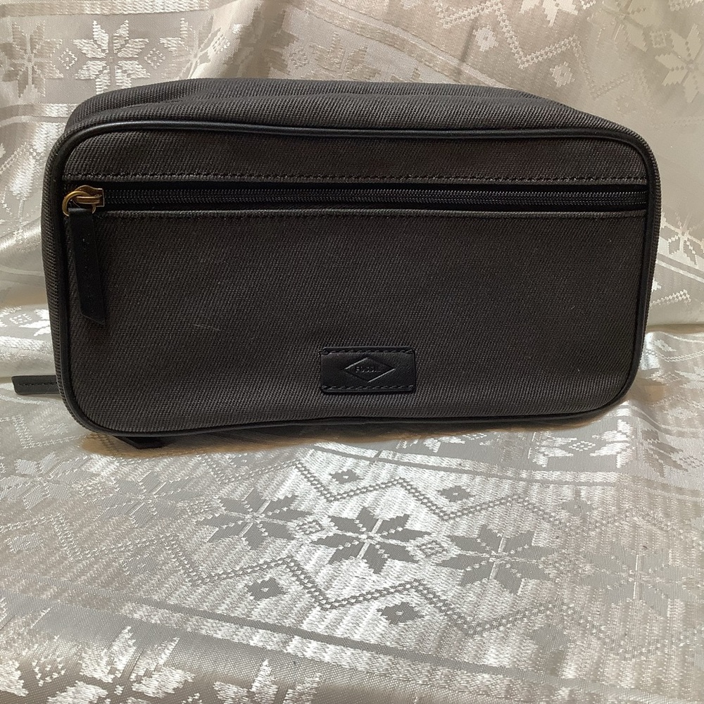 Fossil Men’s Shaving Kit Travel Zippers Toiletry Bag Canvas Dark Grey